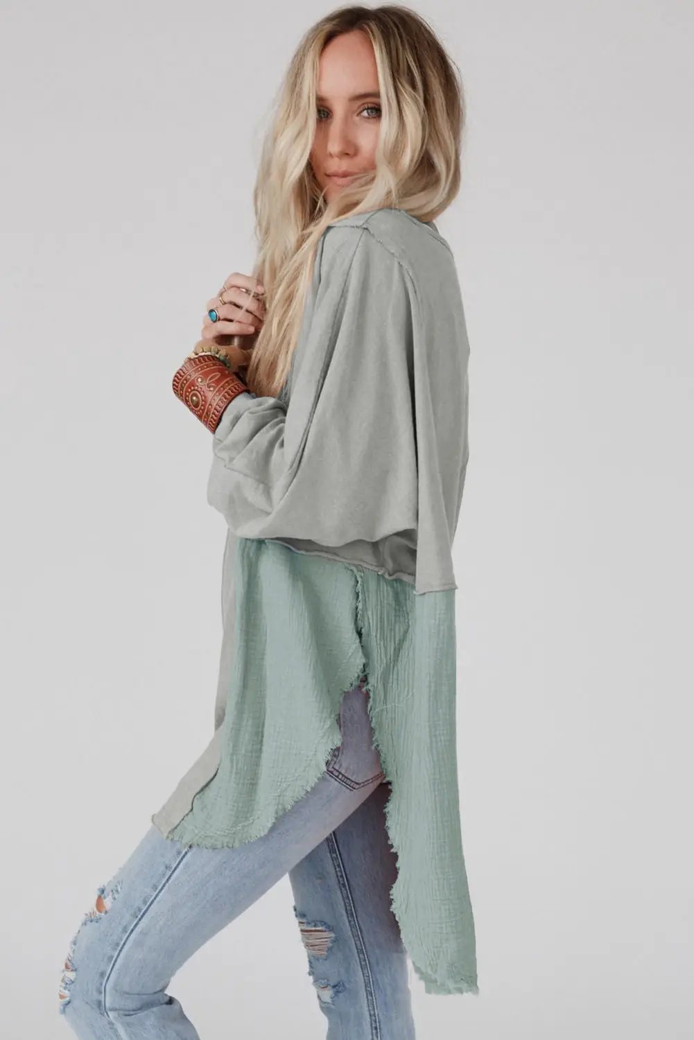 Grateful Threads Boutique Grey Crinkle Splicing Raw Hem High Low Oversized Blouse - Blouses Grey Crinkle Splicing Raw Hem High Low Oversized Blouse