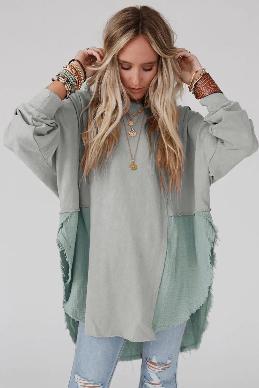 Grateful Threads Boutique Grey Crinkle Splicing Raw Hem High Low Oversized Blouse - Blouses Grey Crinkle Splicing Raw Hem High Low Oversized Blouse