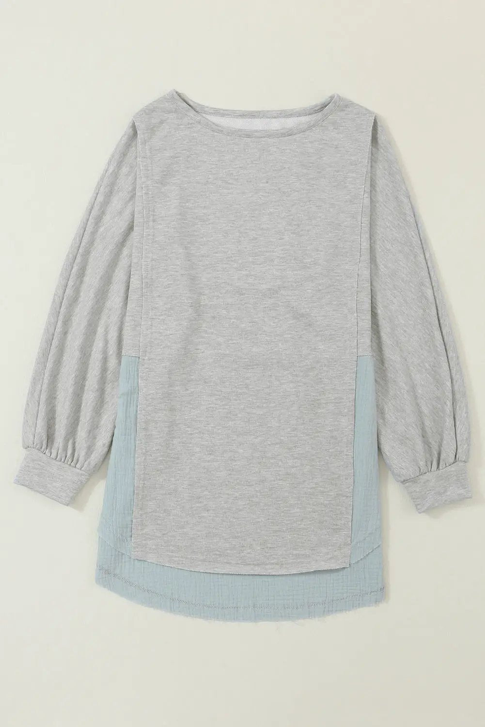 Grateful Threads Boutique Grey Crinkle Splicing Raw Hem High Low Oversized Blouse - Blouses Grey Crinkle Splicing Raw Hem High Low Oversized Blouse