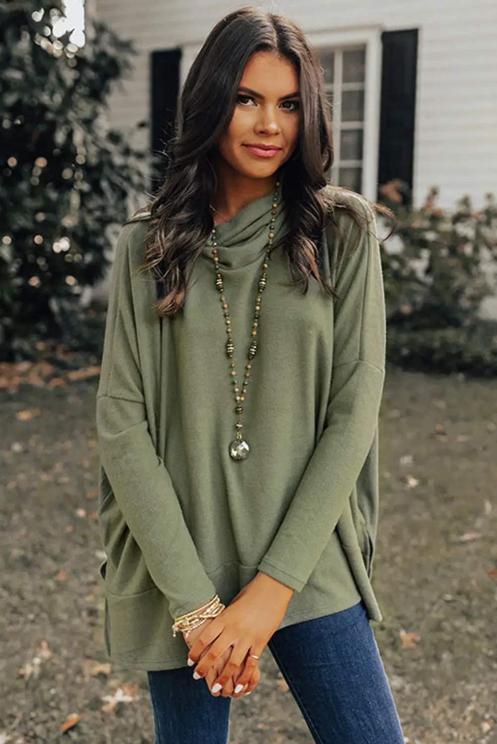 Grateful Threads Boutique Jungle Green Cowl Neck Shift Tunic Top - Clothing Tops