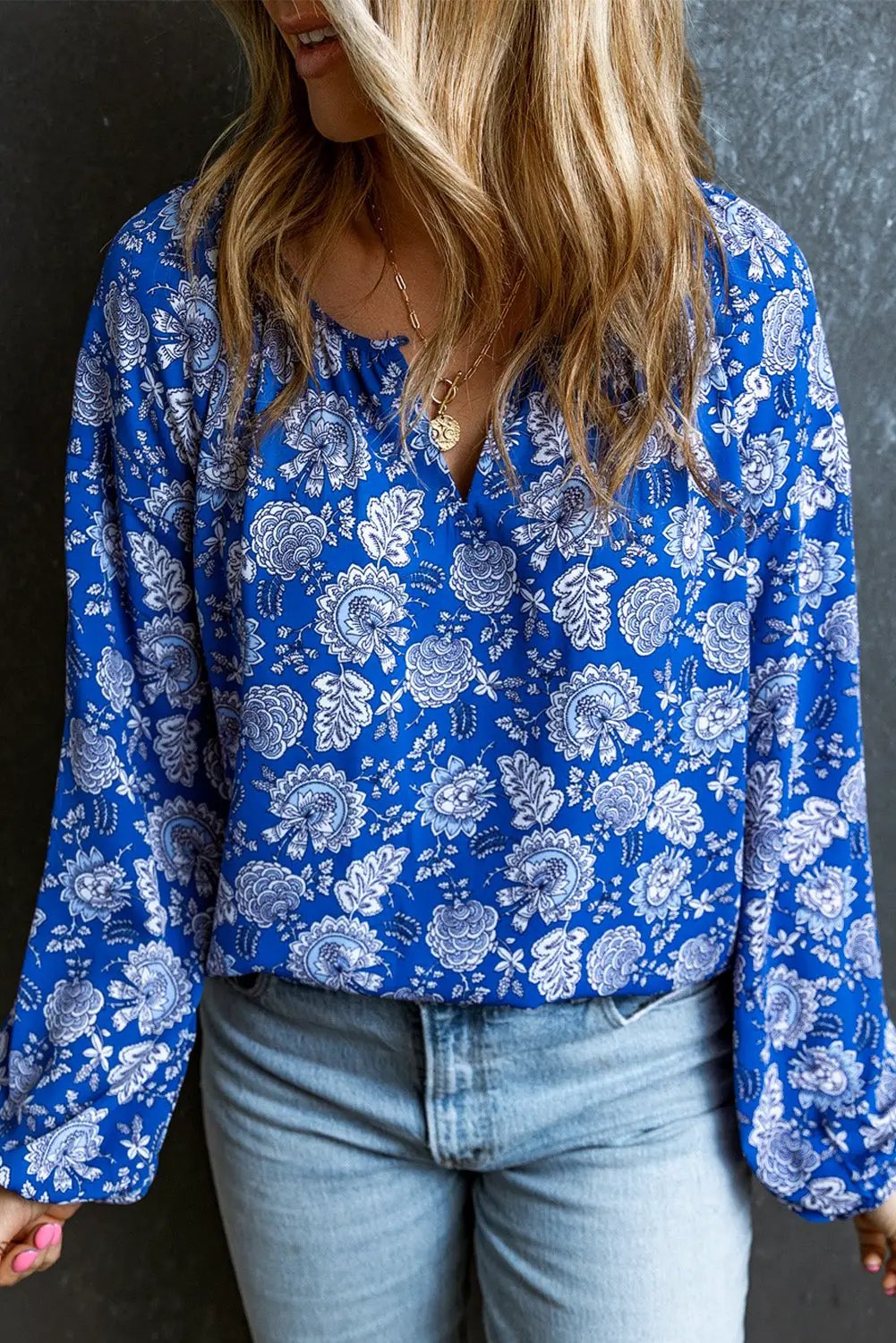Grateful Threads Boutique Blue Floral Notched V Neck Blouse - Blouses