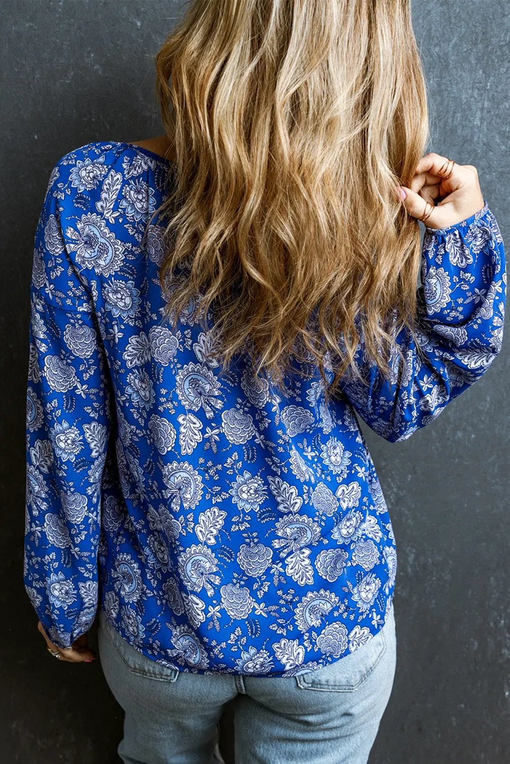Grateful Threads Boutique Blue Floral Notched V Neck Blouse - Blouses