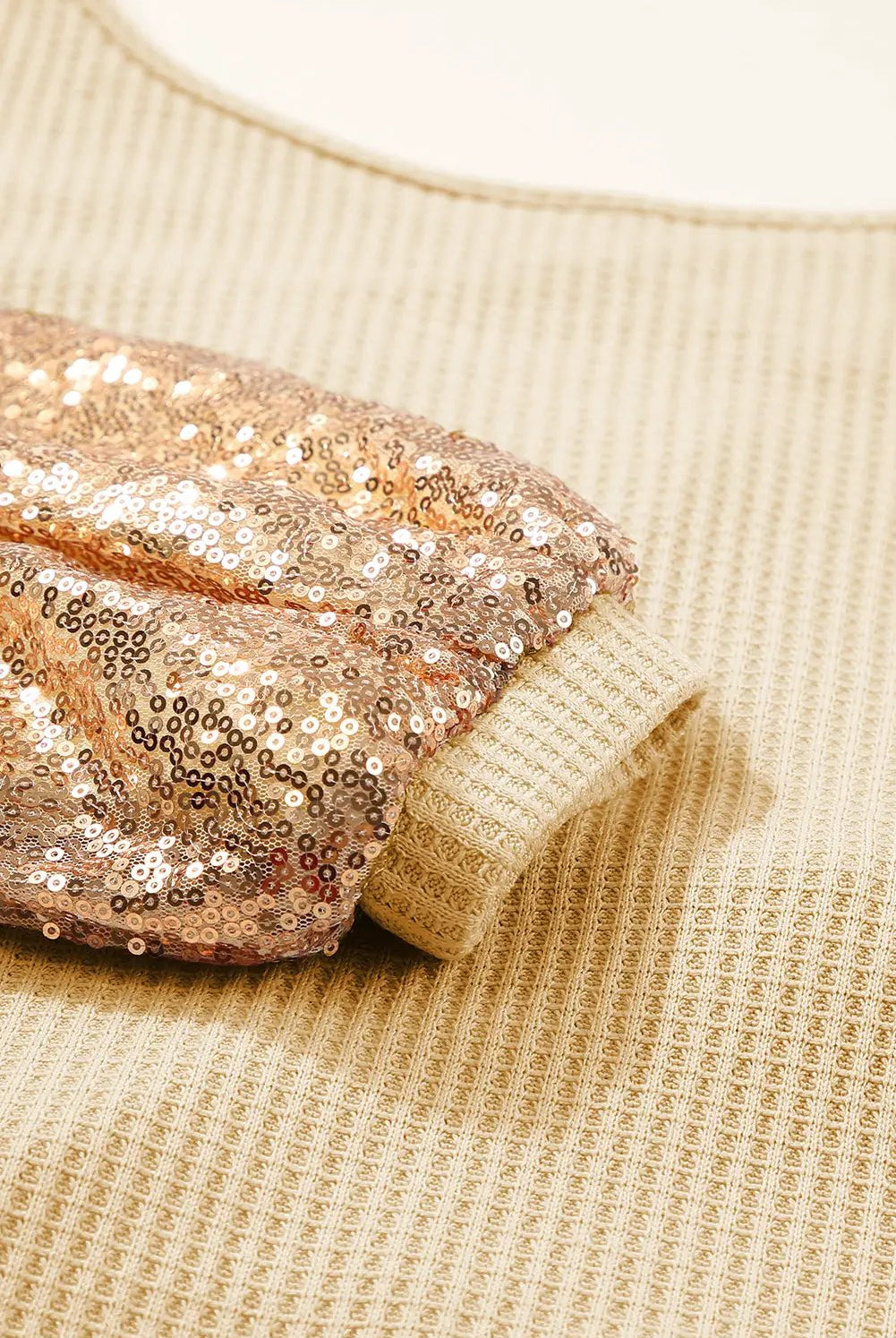 Grateful Threads Boutique Shine On Sequin Sleeve Waffle Knit Top - Blouses Apricot Sequin Patchwork Sleeve Open Back Waffle Knit Top