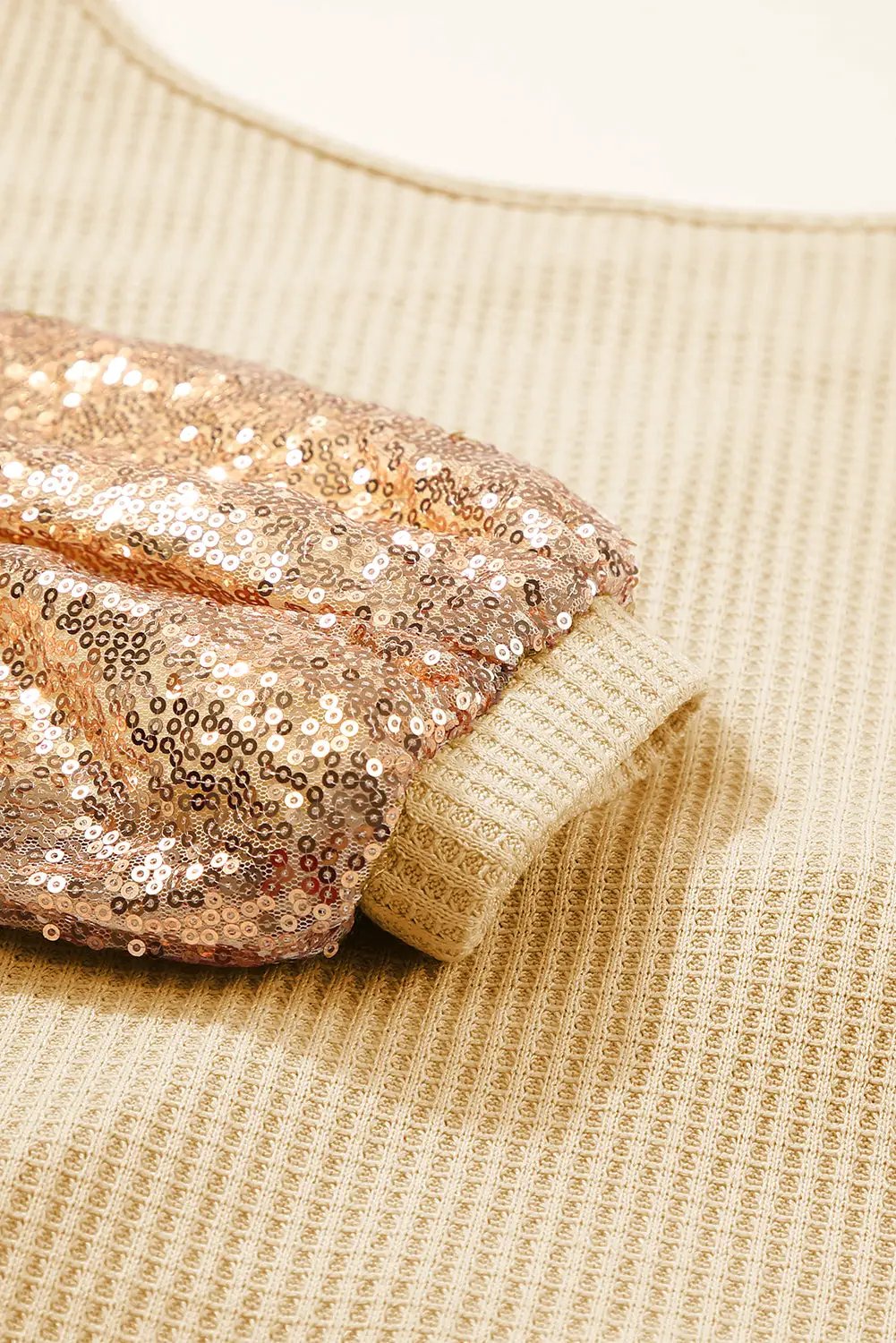 Grateful Threads Boutique Shine On Sequin Sleeve Waffle Knit Top - Blouses Apricot Sequin Patchwork Sleeve Open Back Waffle Knit Top