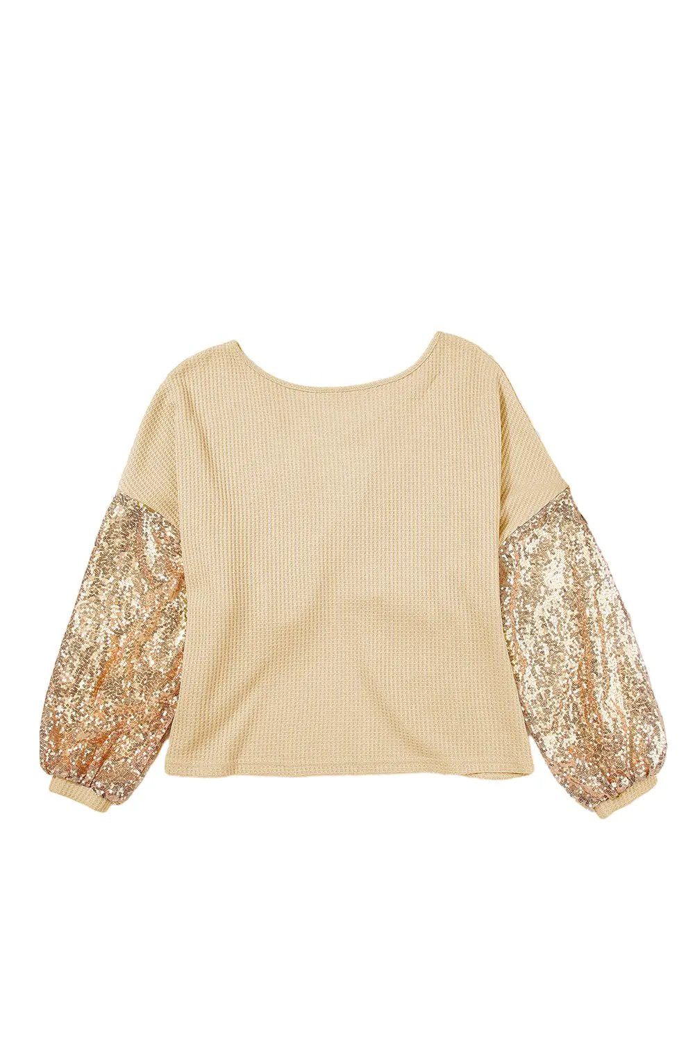 Grateful Threads Boutique Shine On Sequin Sleeve Waffle Knit Top - Blouses Apricot Sequin Patchwork Sleeve Open Back Waffle Knit Top