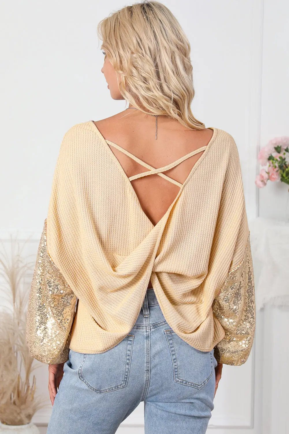 Grateful Threads Boutique Shine On Sequin Sleeve Waffle Knit Top - Blouses Apricot Sequin Patchwork Sleeve Open Back Waffle Knit Top