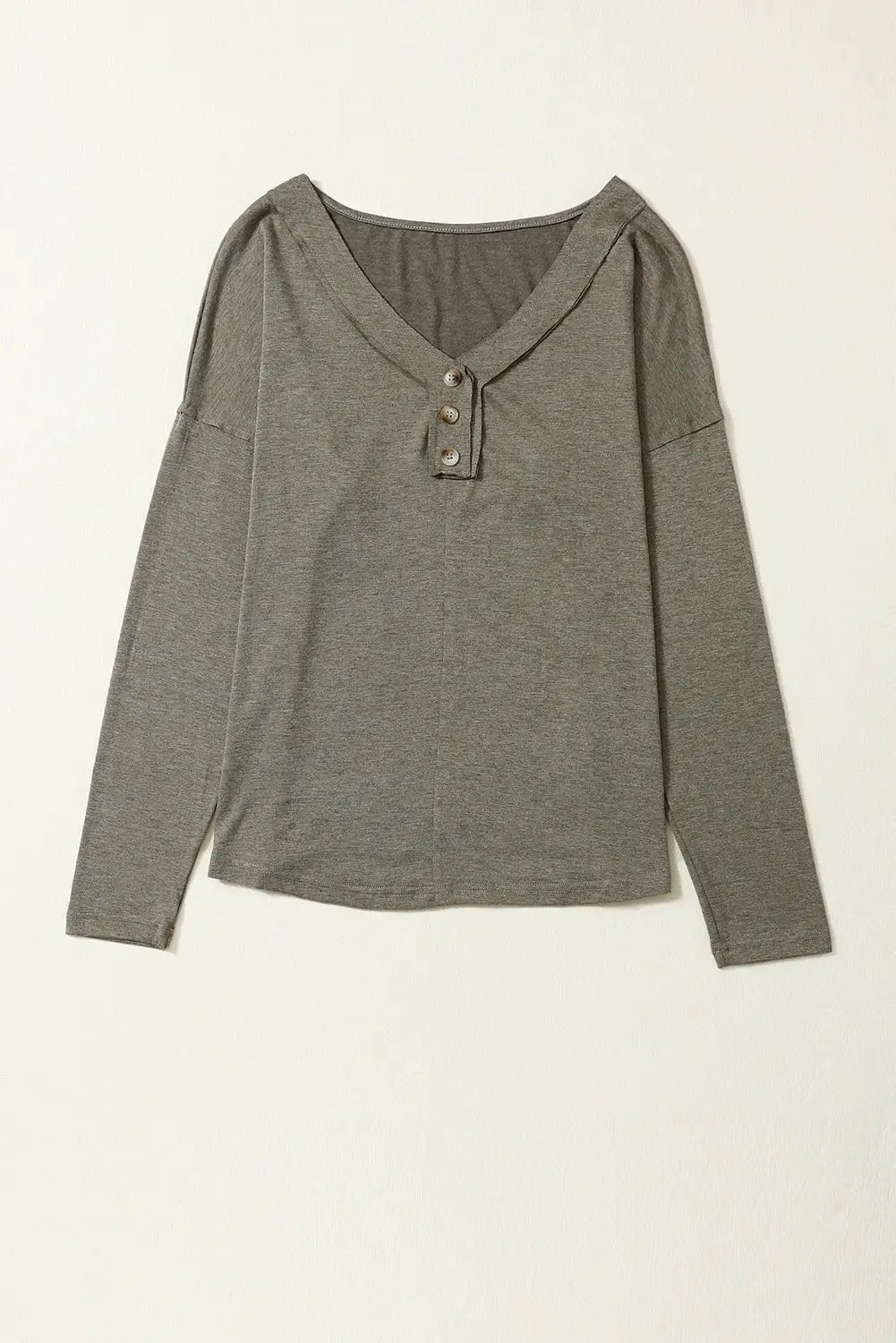 Grateful Threads Boutique Khaki Long Sleeve V Neck Stitching Henley Top - Shirts