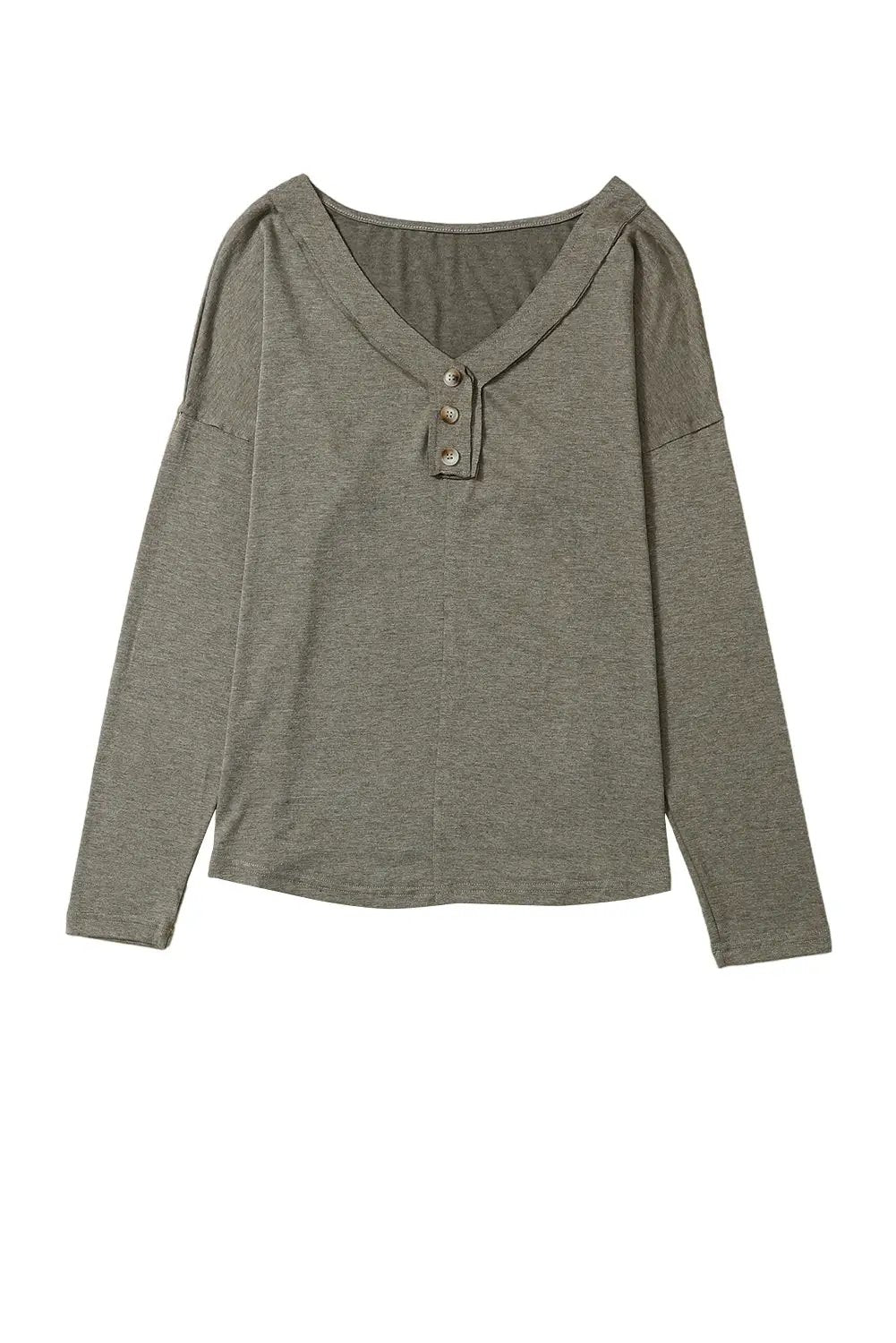Grateful Threads Boutique Khaki Long Sleeve V Neck Stitching Henley Top - Shirts