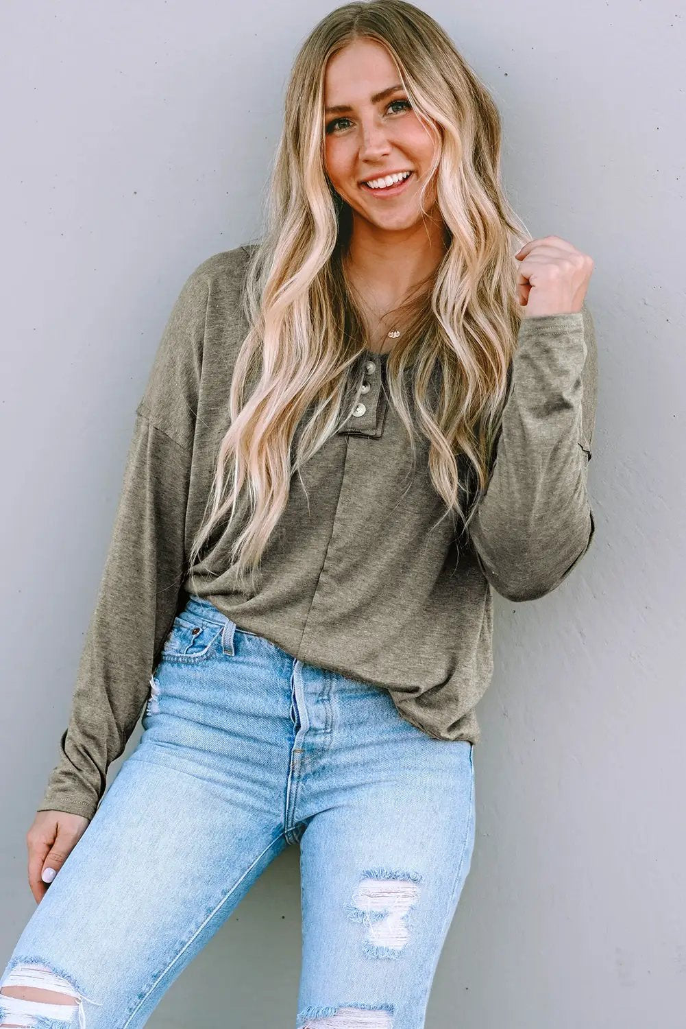 Grateful Threads Boutique Khaki Long Sleeve V Neck Stitching Henley Top - Shirts