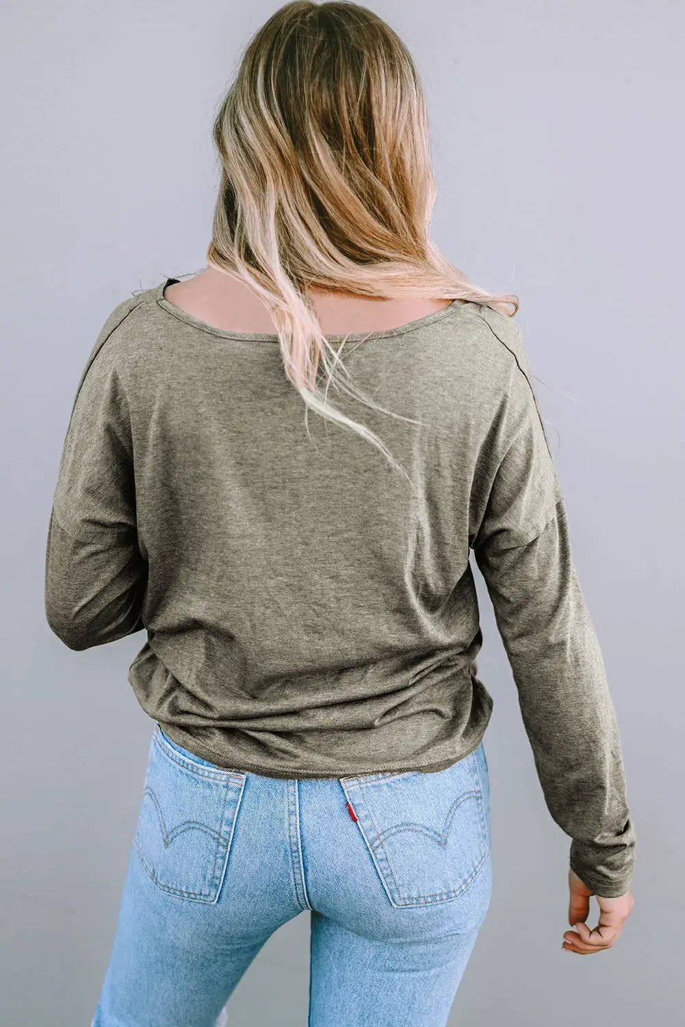 Grateful Threads Boutique Khaki Long Sleeve V Neck Stitching Henley Top - Shirts