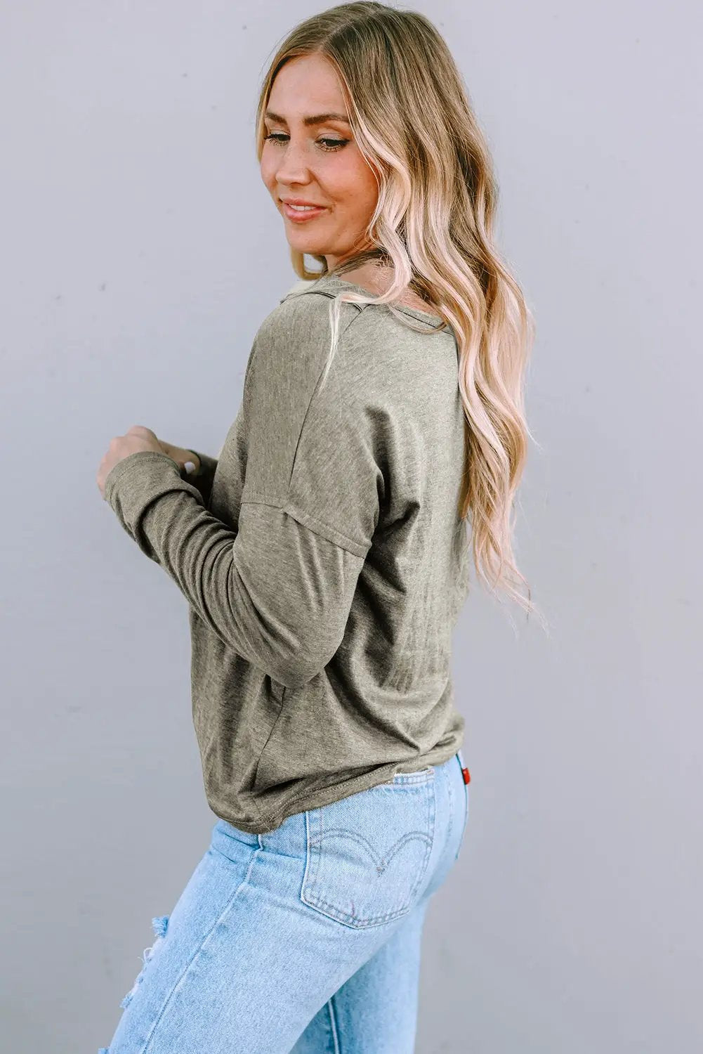 Grateful Threads Boutique Khaki Long Sleeve V Neck Stitching Henley Top - Shirts