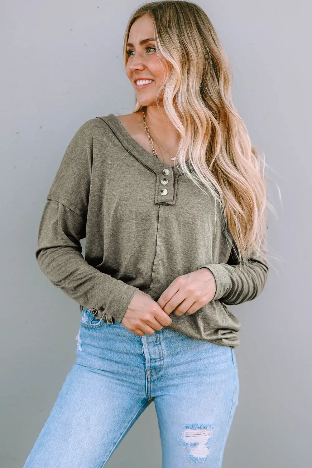 Grateful Threads Boutique Khaki Long Sleeve V Neck Stitching Henley Top - Shirts