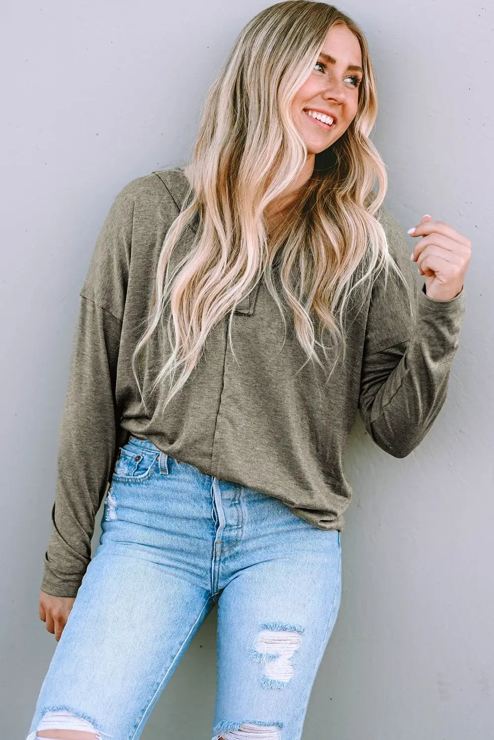 Grateful Threads Boutique Khaki Long Sleeve V Neck Stitching Henley Top - Shirts