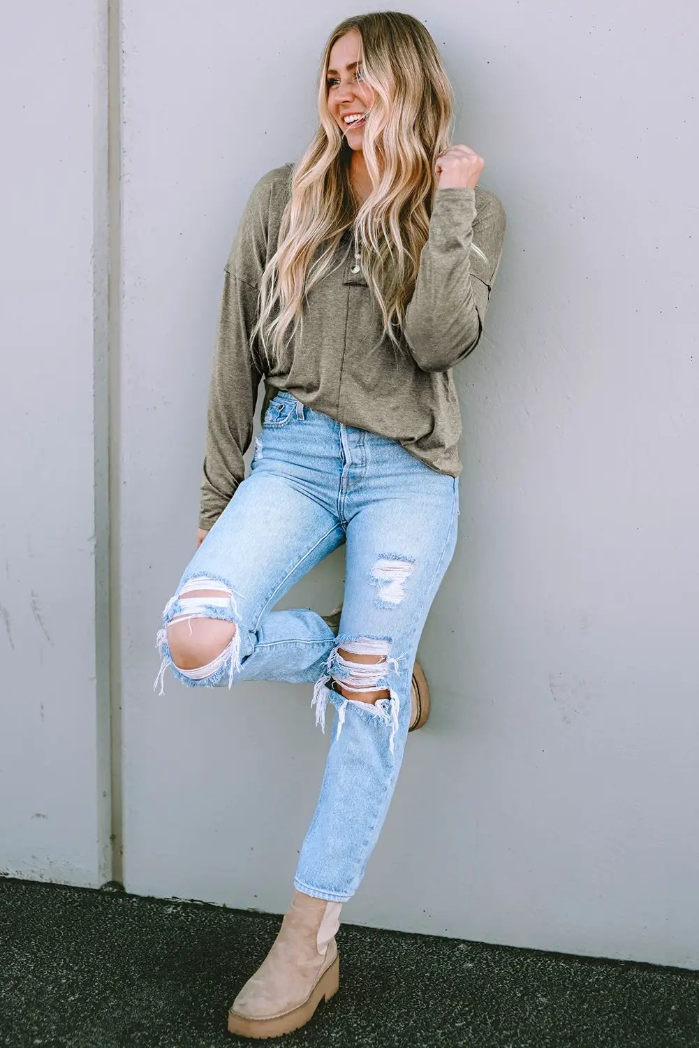 Grateful Threads Boutique Khaki Long Sleeve V Neck Stitching Henley Top - Shirts