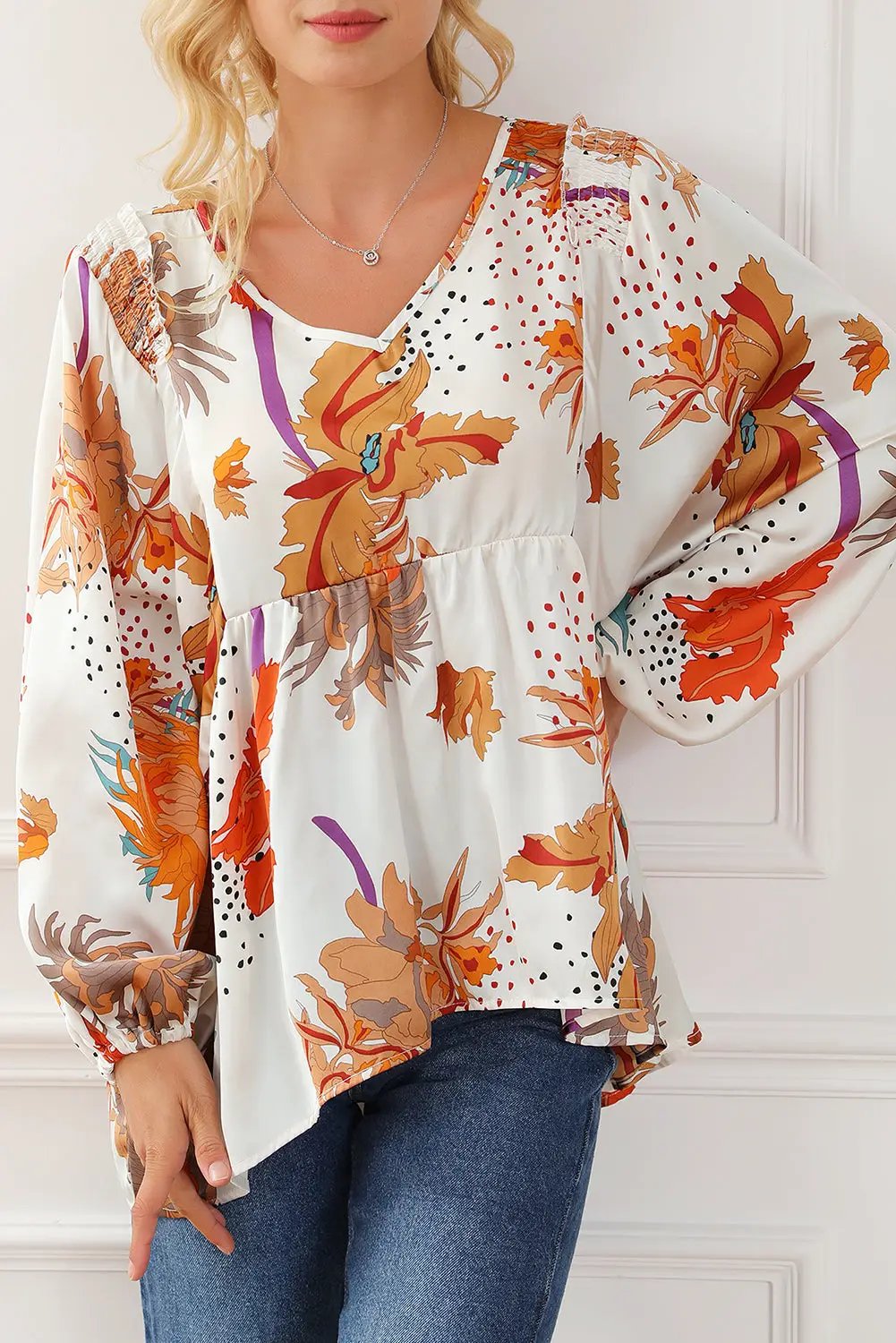 Grateful Threads Boutique Multicolour Floral Print V Neck Babydoll Blouse - Blouses Multicolour Floral Print V Neck Babydoll Blouse
