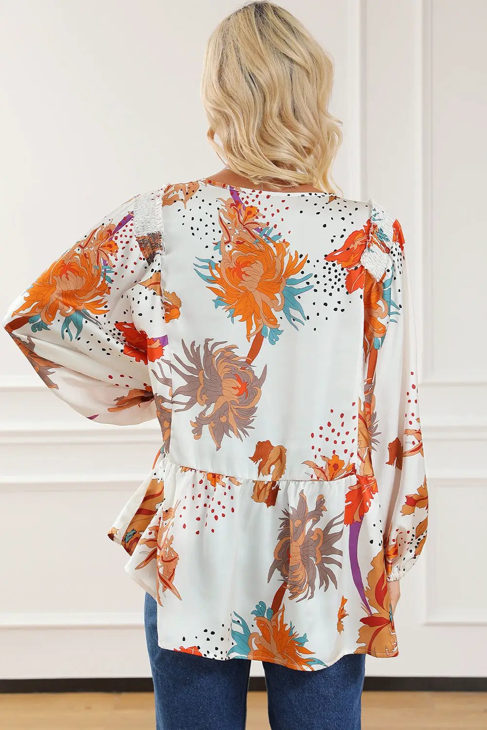Grateful Threads Boutique Multicolour Floral Print V Neck Babydoll Blouse - Blouses Multicolour Floral Print V Neck Babydoll Blouse