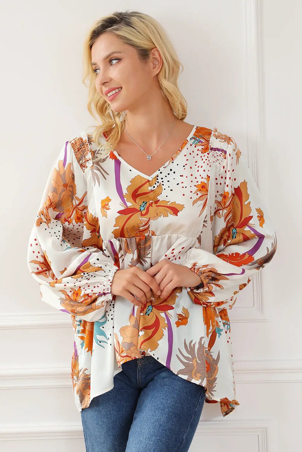 Grateful Threads Boutique Multicolour Floral Print V Neck Babydoll Blouse - Blouses Multicolour Floral Print V Neck Babydoll Blouse