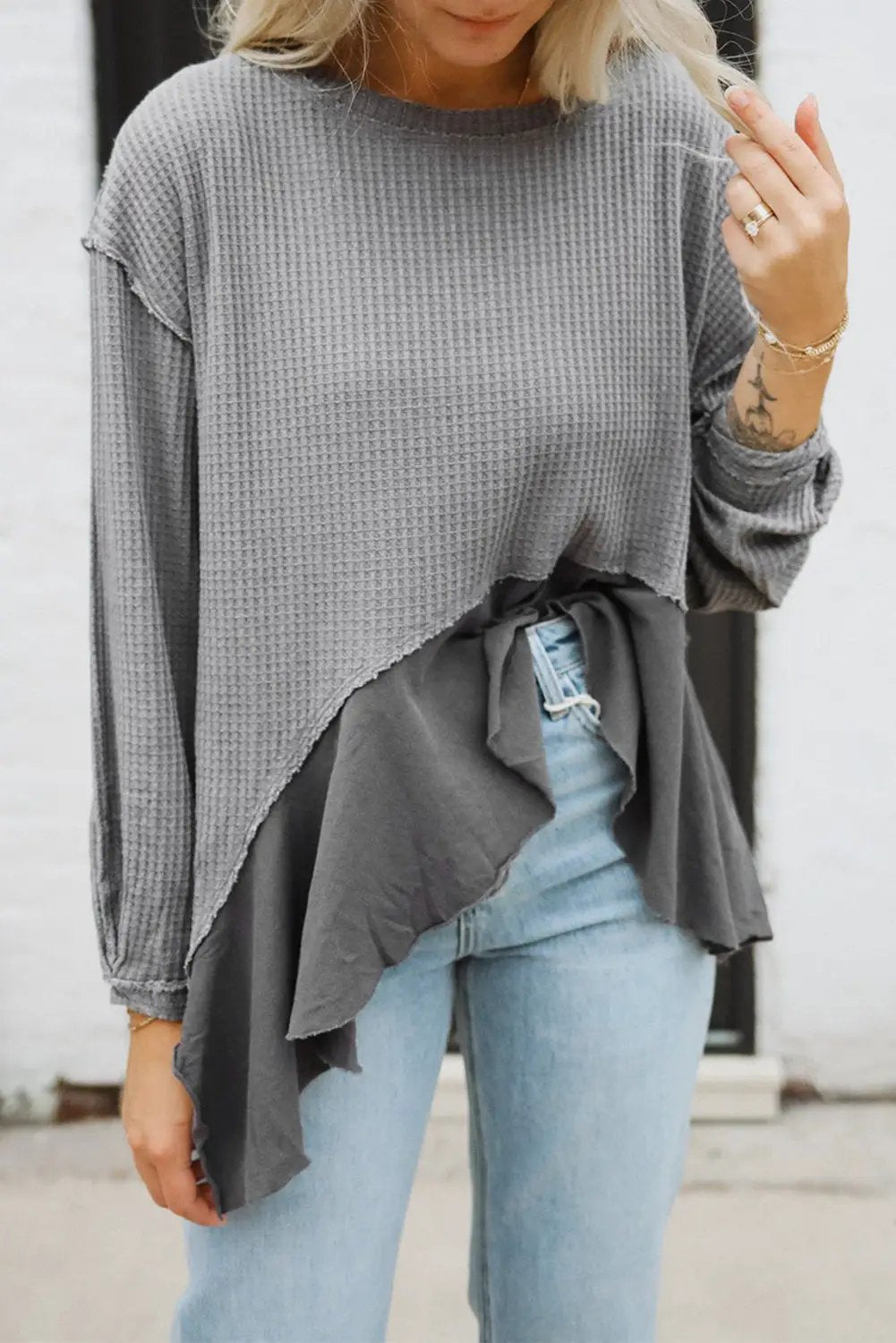 Grateful Threads Boutique Medium Grey Asymmetrical Patchwork Waffle Top - Shirts grey patchwork waffle top