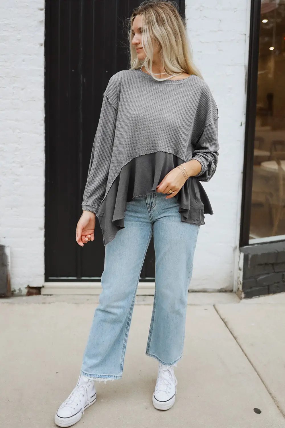 Grateful Threads Boutique Medium Grey Asymmetrical Patchwork Waffle Top - Shirts grey patchwork waffle top