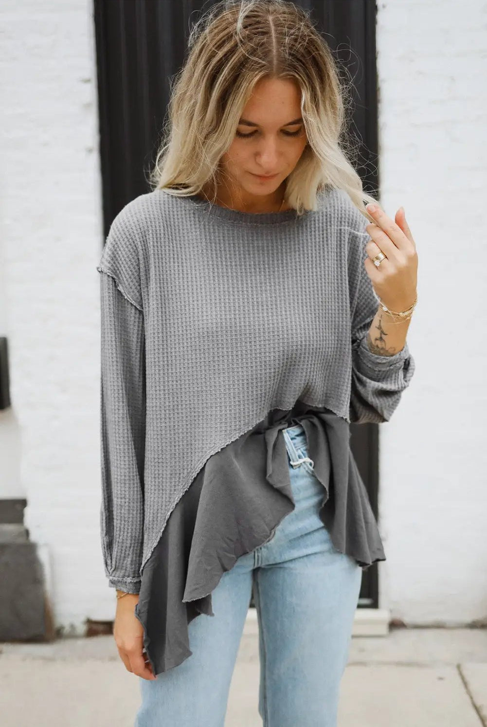 Grateful Threads Boutique Medium Grey Asymmetrical Patchwork Waffle Top - Shirts grey patchwork waffle top