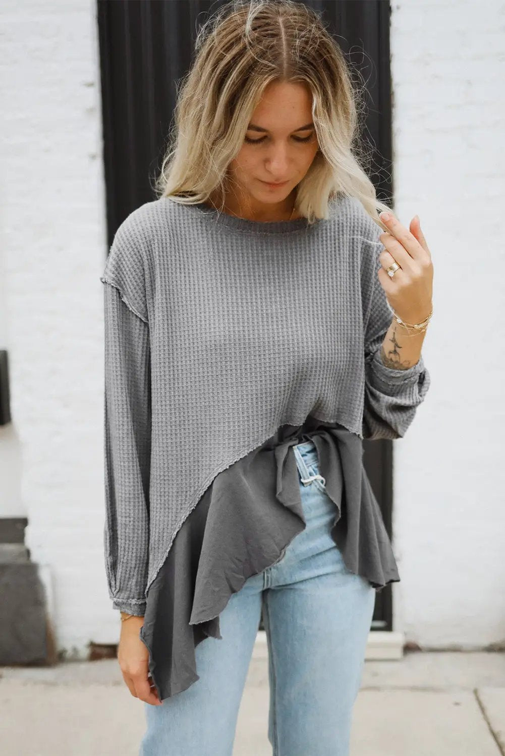 Grateful Threads Boutique Medium Grey Asymmetrical Patchwork Waffle Top - Shirts grey patchwork waffle top