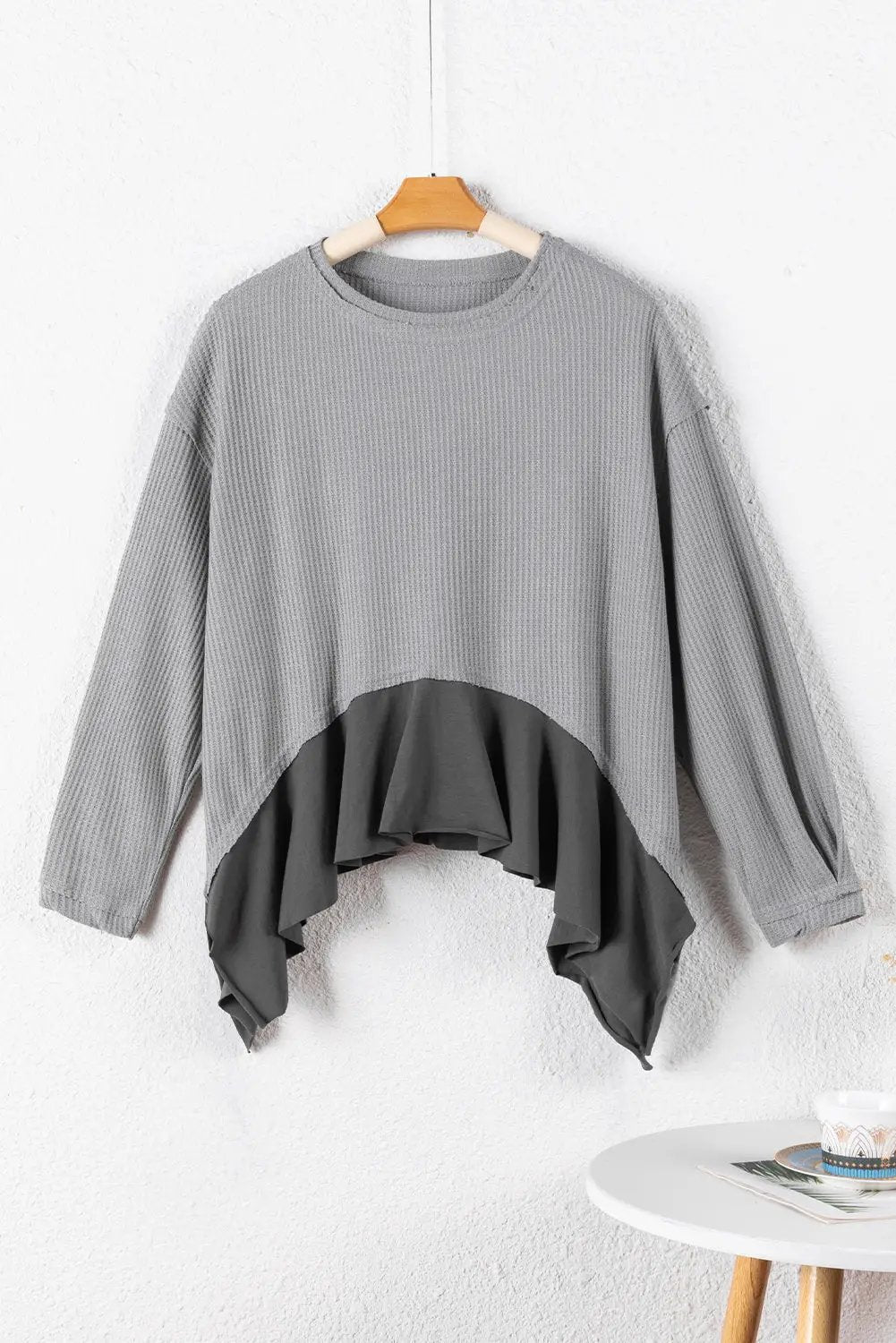 Grateful Threads Boutique Medium Grey Asymmetrical Patchwork Waffle Top - Shirts grey patchwork waffle top