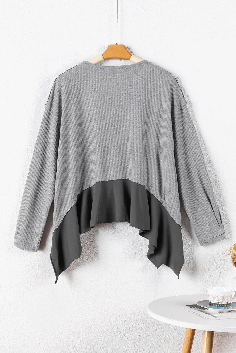 Grateful Threads Boutique Medium Grey Asymmetrical Patchwork Waffle Top - Shirts grey patchwork waffle top