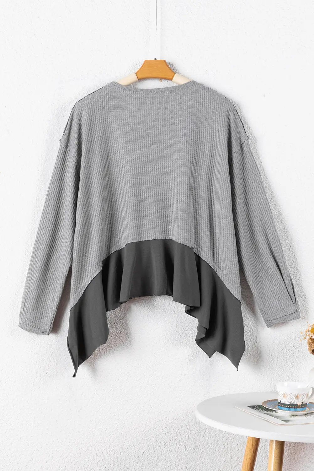 Grateful Threads Boutique Medium Grey Asymmetrical Patchwork Waffle Top - Shirts grey patchwork waffle top