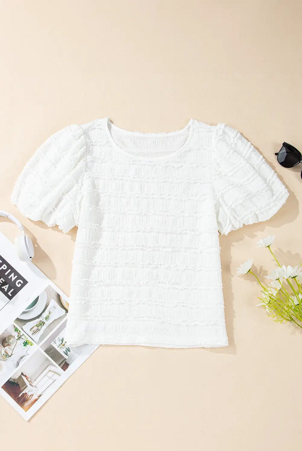 Grateful Threads Boutique White Frilled Lace Trim Bubble Sleeve Blouse - Blouses White Frilled Lace Trim Bubble Sleeve Blouse