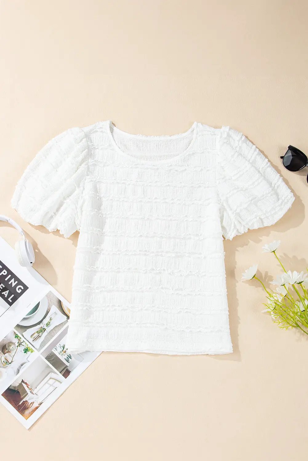 Grateful Threads Boutique White Frilled Lace Trim Bubble Sleeve Blouse - Blouses White Frilled Lace Trim Bubble Sleeve Blouse
