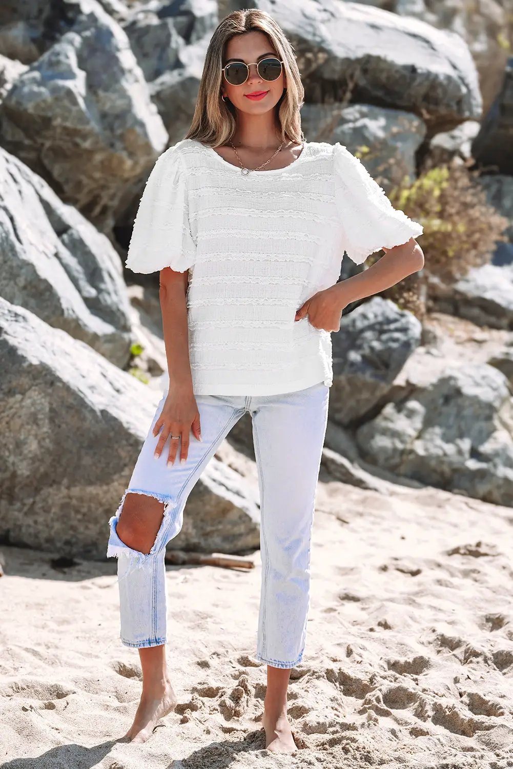 Grateful Threads Boutique White Frilled Lace Trim Bubble Sleeve Blouse - Blouses White Frilled Lace Trim Bubble Sleeve Blouse