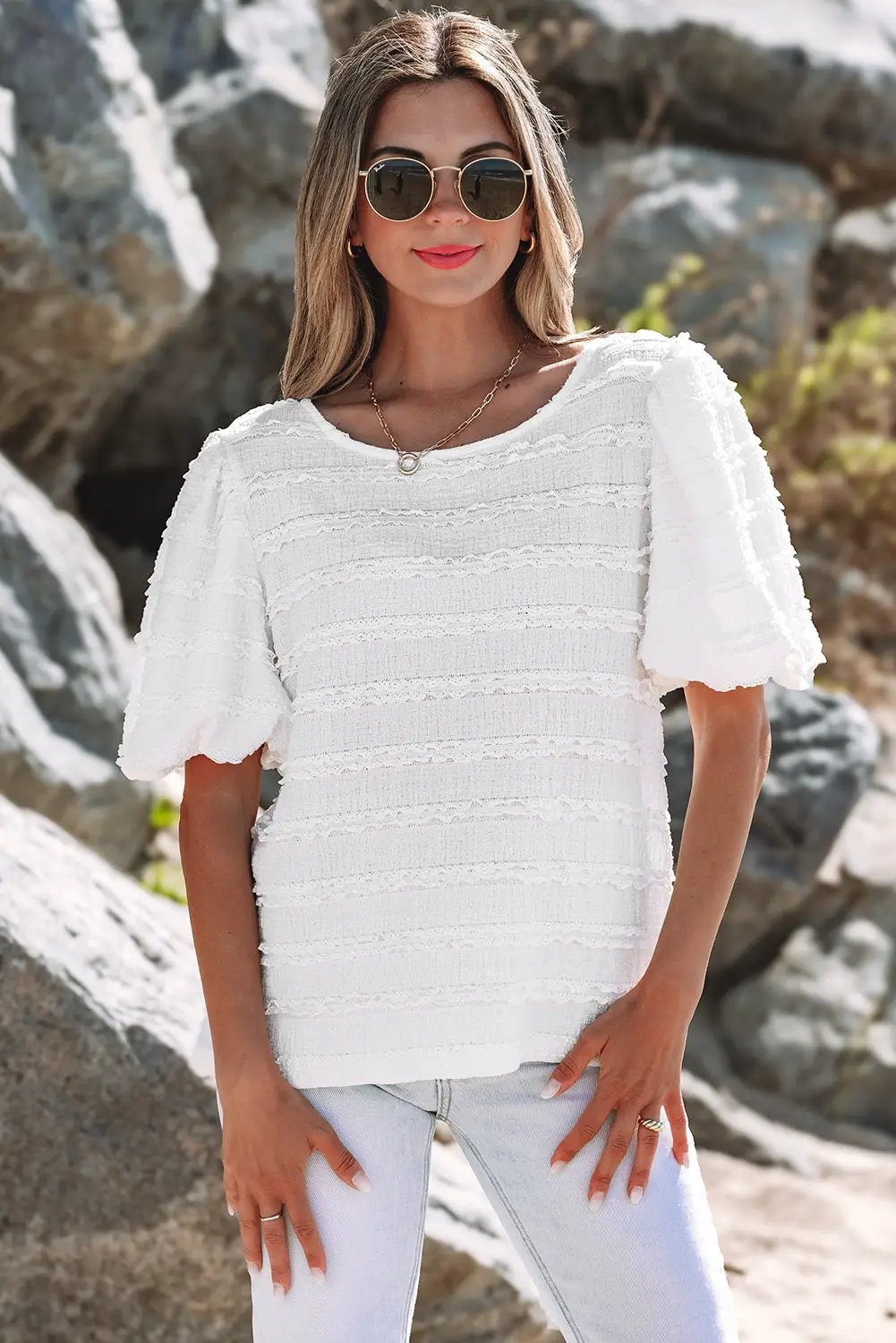 Grateful Threads Boutique White Frilled Lace Trim Bubble Sleeve Blouse - Blouses White Frilled Lace Trim Bubble Sleeve Blouse