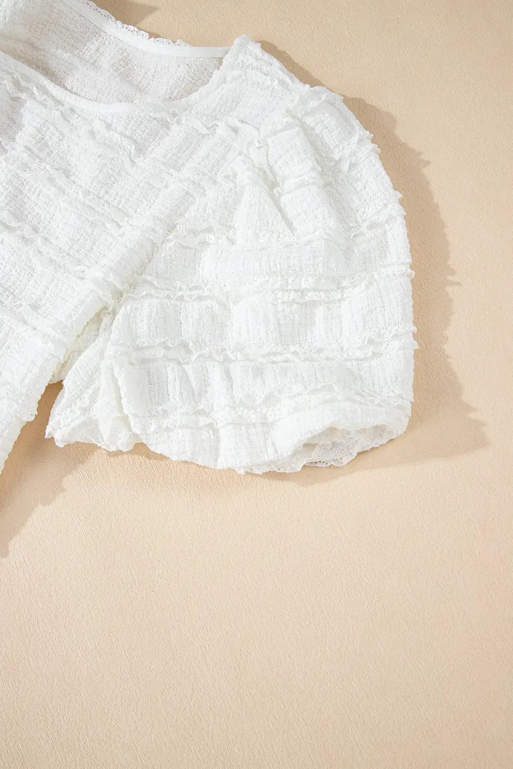 Grateful Threads Boutique White Frilled Lace Trim Bubble Sleeve Blouse - Blouses White Frilled Lace Trim Bubble Sleeve Blouse