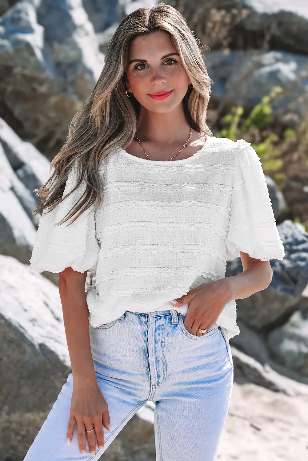 Grateful Threads Boutique White Frilled Lace Trim Bubble Sleeve Blouse - Blouses White Frilled Lace Trim Bubble Sleeve Blouse
