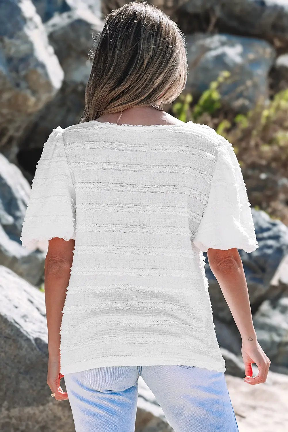 Grateful Threads Boutique White Frilled Lace Trim Bubble Sleeve Blouse - Blouses White Frilled Lace Trim Bubble Sleeve Blouse