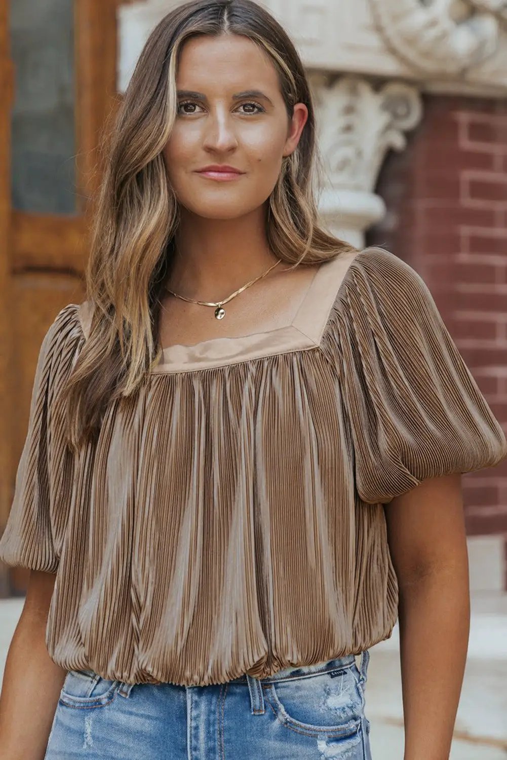 Grateful Threads Boutique Pleated Puff Sleeve Square Neck Blouse - Blouses