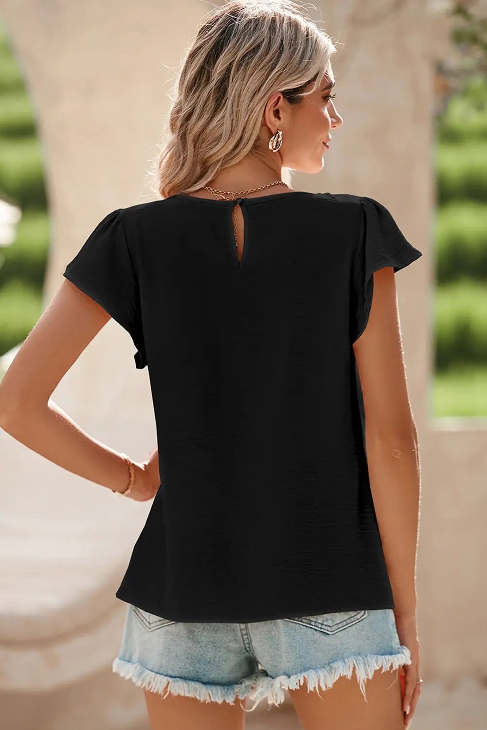 Grateful Threads Boutique Flounce Sleeve Pleated Textured Blouse - Blouses white flounce sleeve blouse