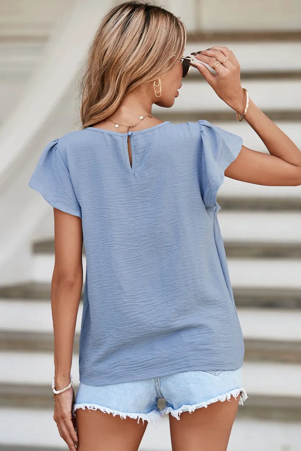 Grateful Threads Boutique Flounce Sleeve Pleated Textured Blouse - Blouses white flounce sleeve blouse