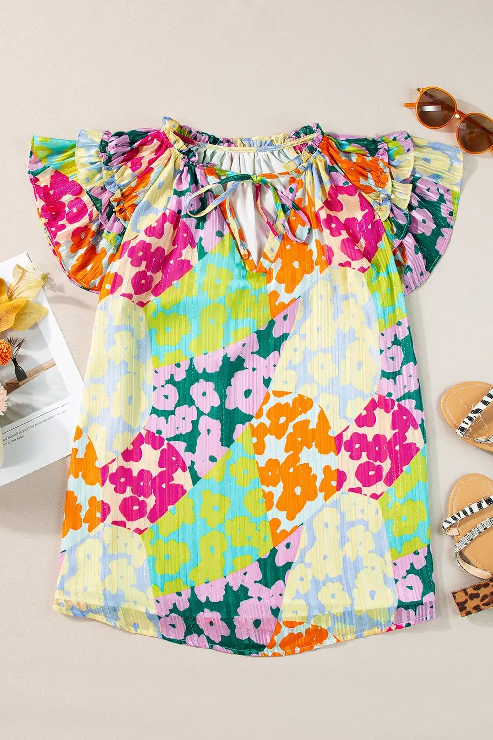 Grateful Threads Boutique Multicolour Leopard Flutter Sleeve V Neck Crinkled Blouse - Blouses Multicolour Leopard Flutter Sleeve V Neck Crinkled Blouse