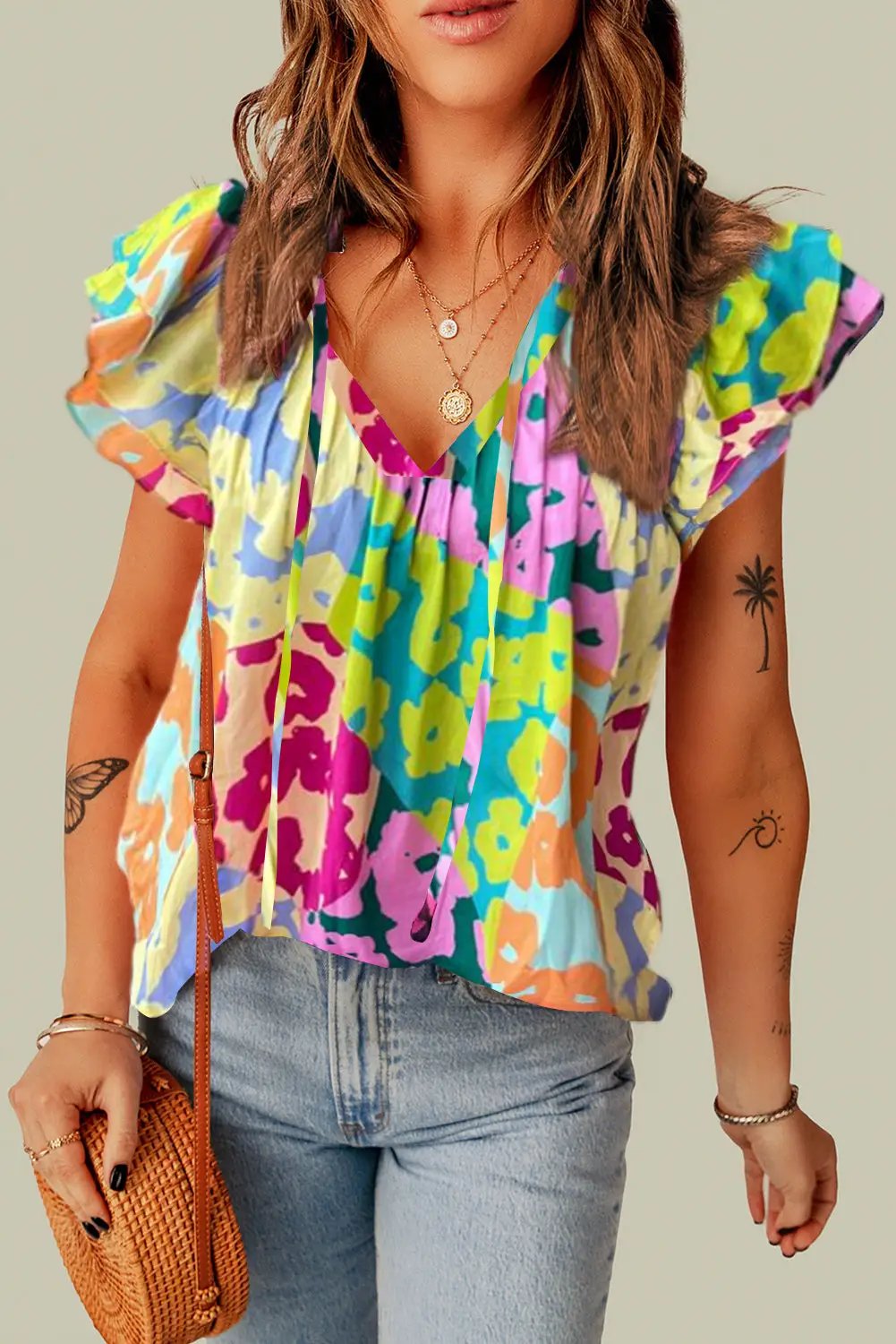 Grateful Threads Boutique Multicolour Leopard Flutter Sleeve V Neck Crinkled Blouse - Blouses Multicolour Leopard Flutter Sleeve V Neck Crinkled Blouse