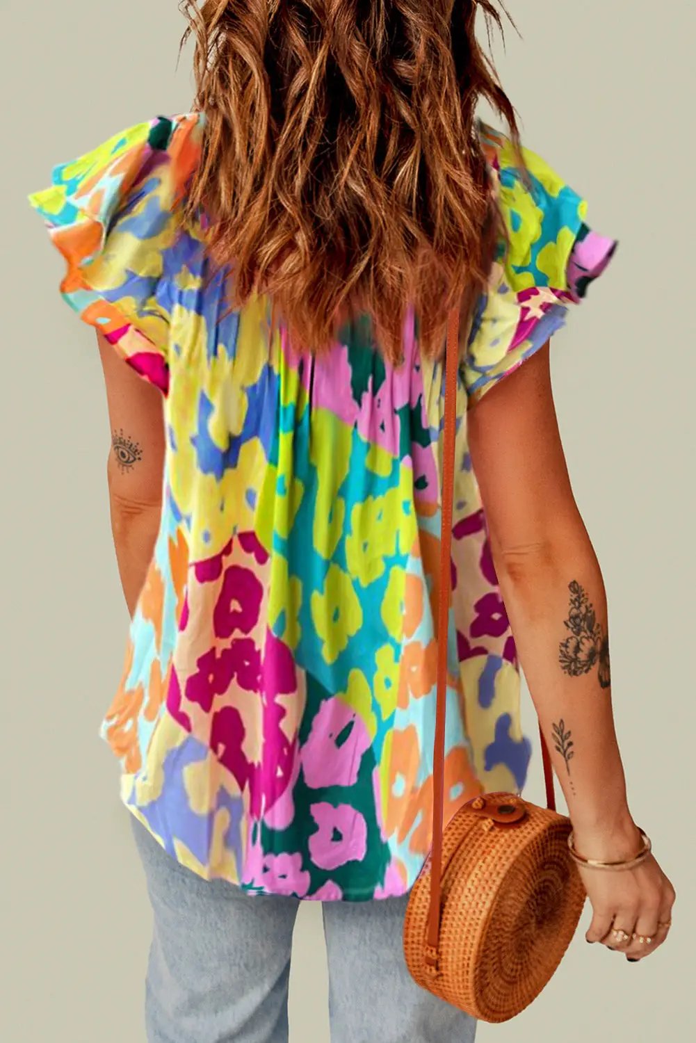 Grateful Threads Boutique Multicolour Leopard Flutter Sleeve V Neck Crinkled Blouse - Blouses Multicolour Leopard Flutter Sleeve V Neck Crinkled Blouse