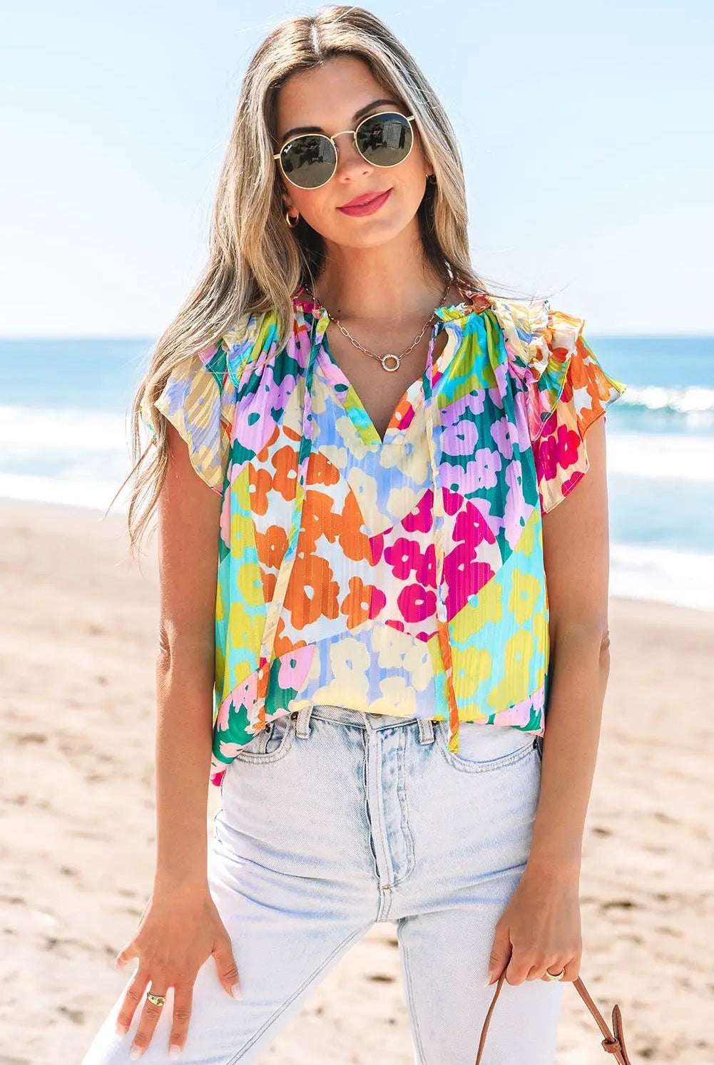 Grateful Threads Boutique Multicolour Leopard Flutter Sleeve V Neck Crinkled Blouse - Blouses Multicolour Leopard Flutter Sleeve V Neck Crinkled Blouse