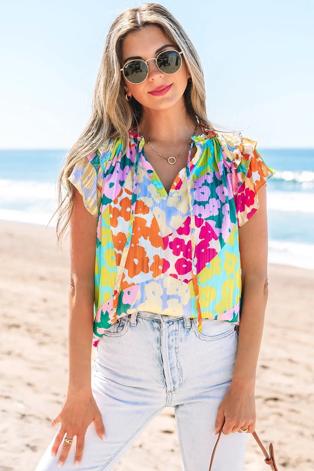 Grateful Threads Boutique Multicolour Leopard Flutter Sleeve V Neck Crinkled Blouse - Blouses Multicolour Leopard Flutter Sleeve V Neck Crinkled Blouse