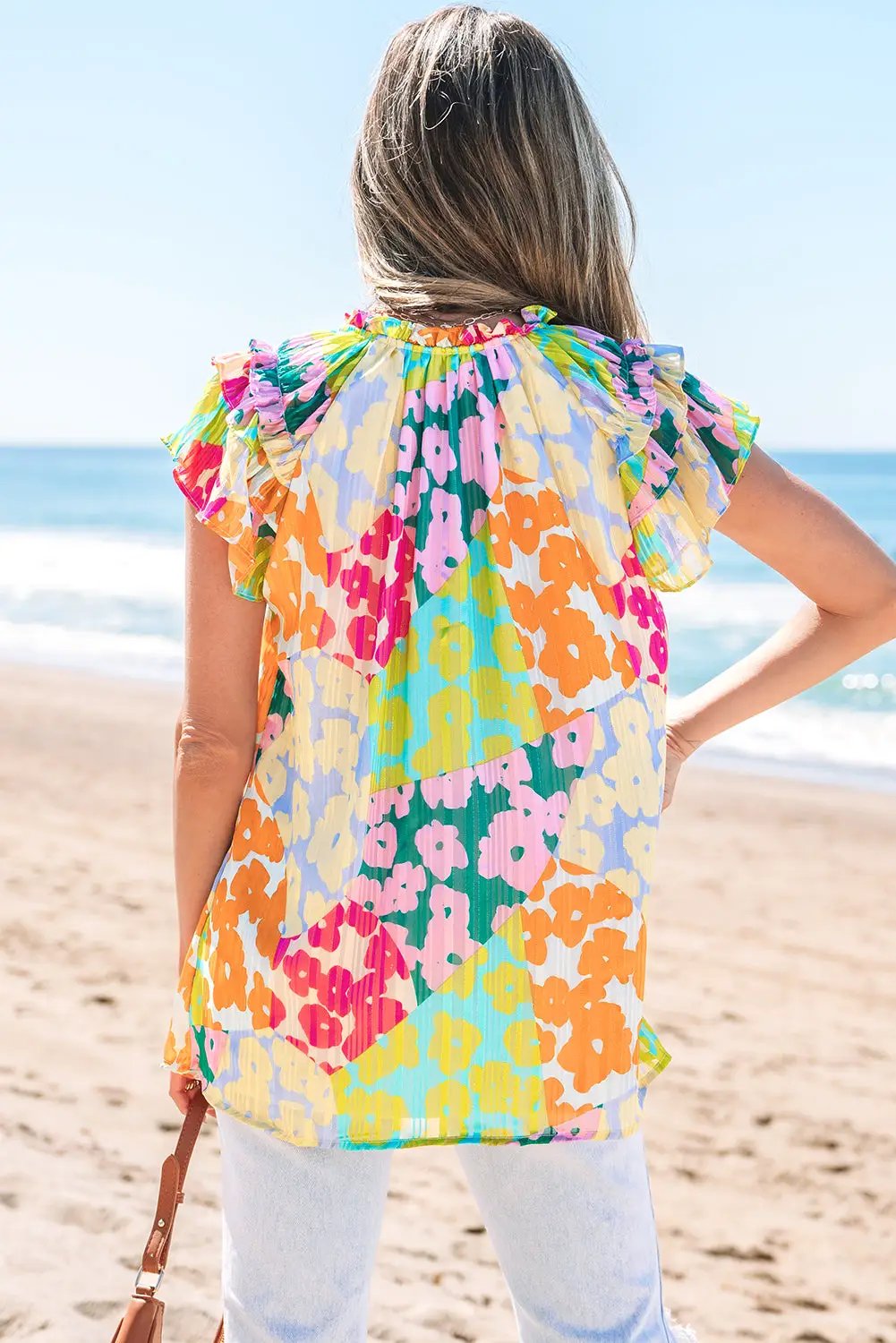 Grateful Threads Boutique Multicolour Leopard Flutter Sleeve V Neck Crinkled Blouse - Blouses Multicolour Leopard Flutter Sleeve V Neck Crinkled Blouse