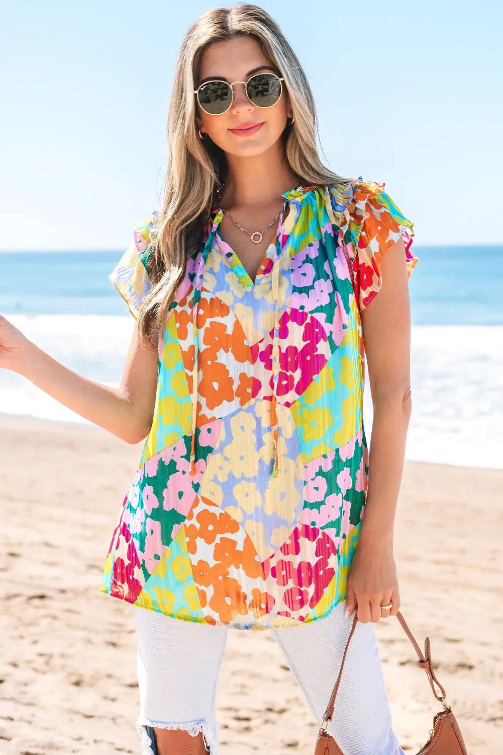 Grateful Threads Boutique Multicolour Leopard Flutter Sleeve V Neck Crinkled Blouse - Blouses Multicolour Leopard Flutter Sleeve V Neck Crinkled Blouse