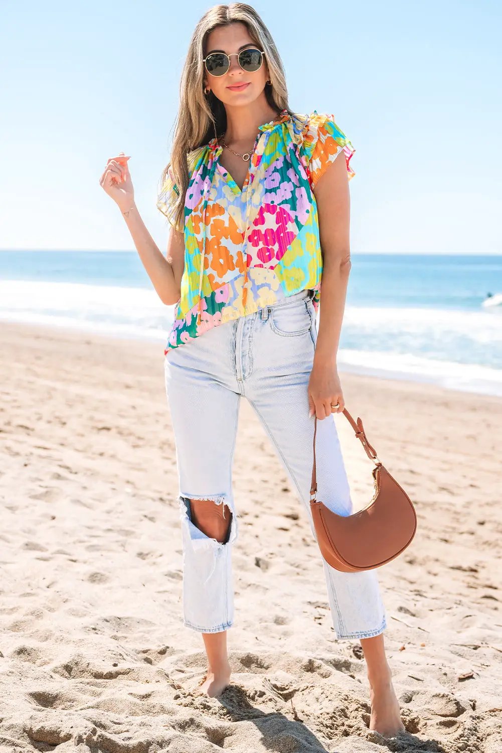 Grateful Threads Boutique Multicolour Leopard Flutter Sleeve V Neck Crinkled Blouse - Blouses Multicolour Leopard Flutter Sleeve V Neck Crinkled Blouse