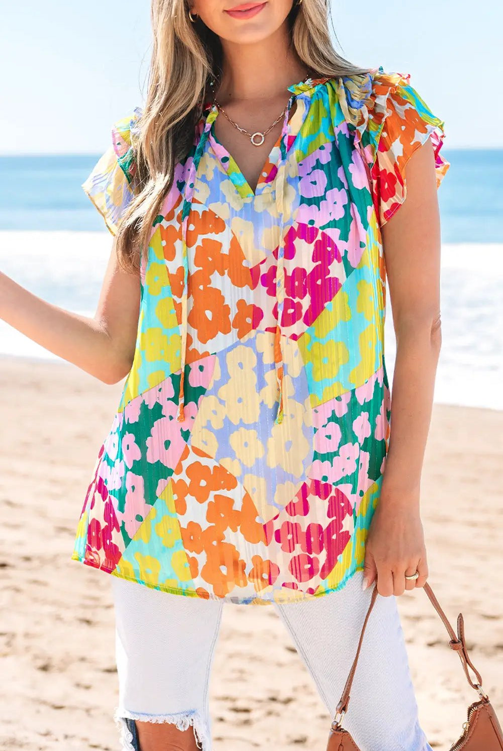 Grateful Threads Boutique Multicolour Leopard Flutter Sleeve V Neck Crinkled Blouse - Blouses Multicolour Leopard Flutter Sleeve V Neck Crinkled Blouse