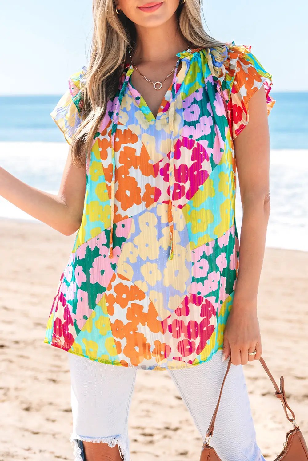 Grateful Threads Boutique Multicolour Leopard Flutter Sleeve V Neck Crinkled Blouse - Blouses Multicolour Leopard Flutter Sleeve V Neck Crinkled Blouse