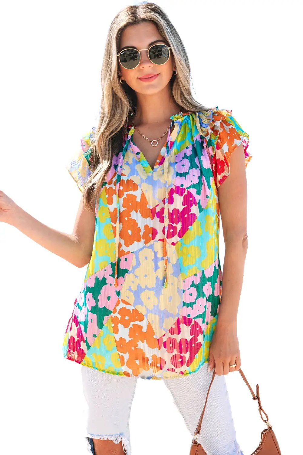 Grateful Threads Boutique Multicolour Leopard Flutter Sleeve V Neck Crinkled Blouse - Blouses Multicolour Leopard Flutter Sleeve V Neck Crinkled Blouse
