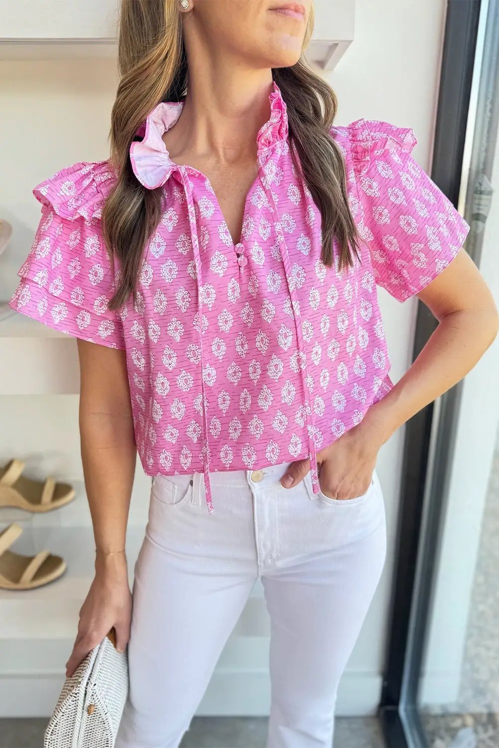 Grateful Threads Boutique Pink Vintage Floral Ruffled Split Neck Short Sleeve Blouse - Blouses Pink Vintage Floral Ruffled Split Neck Short Sleeve Blouse